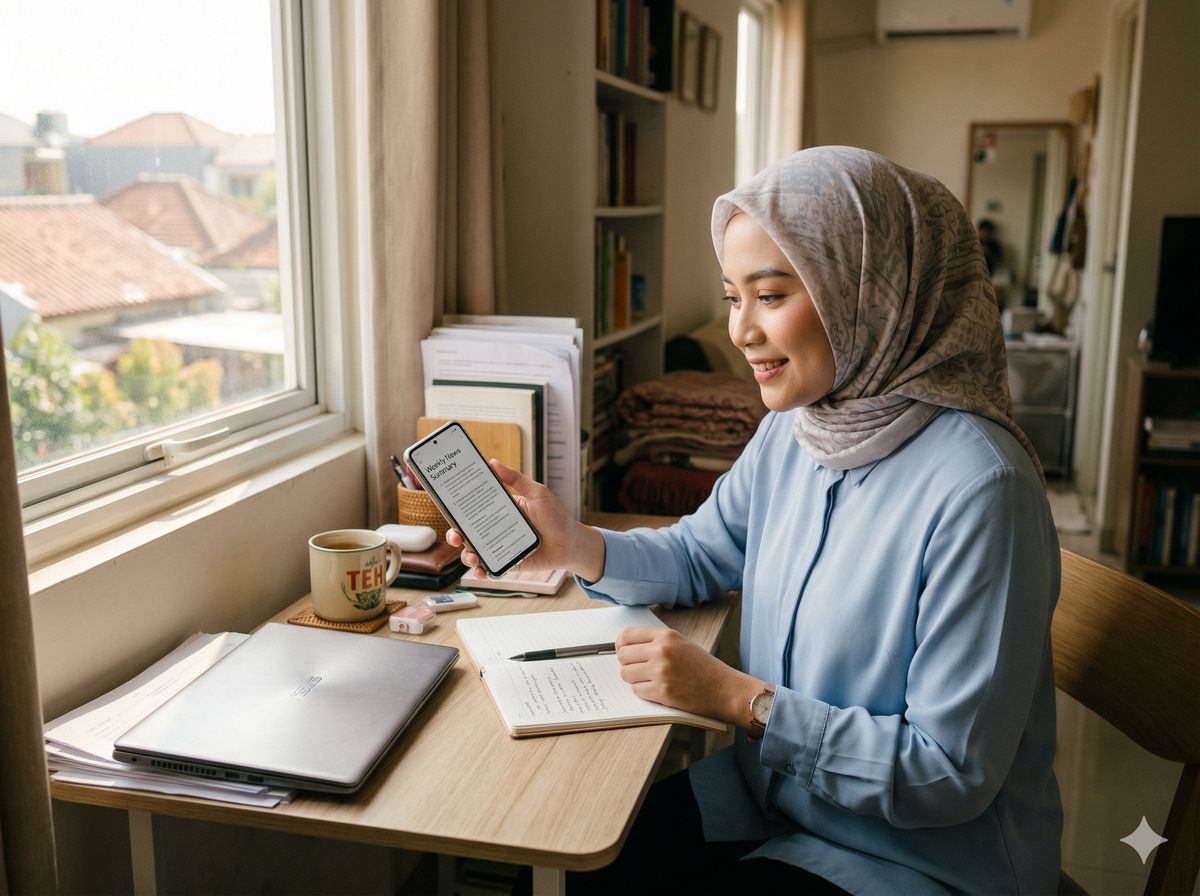 Amirah with phone and notebook
